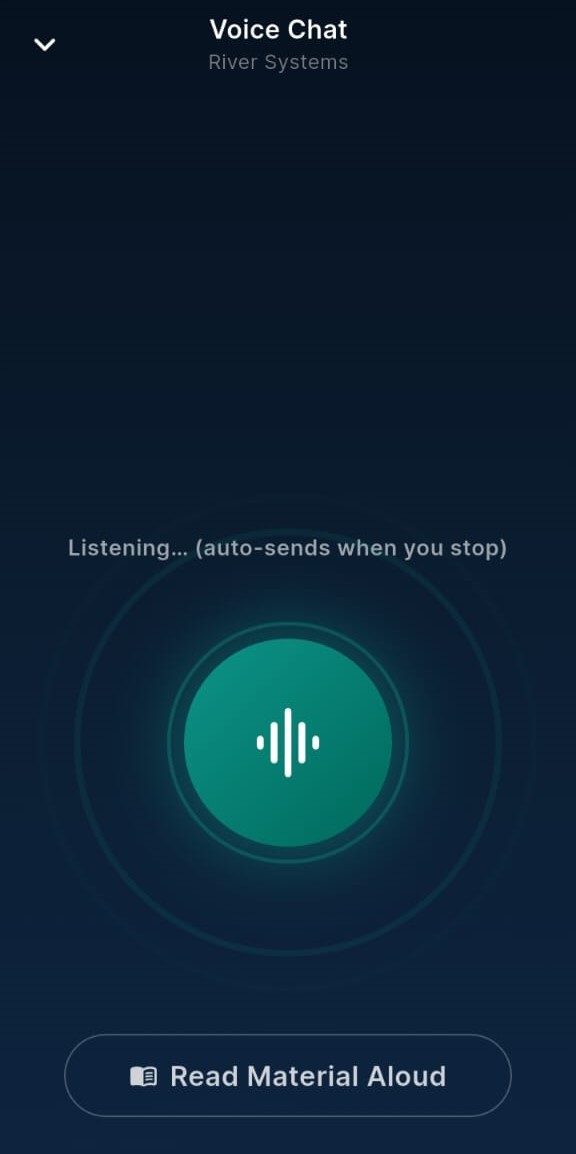 Voice chat — listening mode with animated waveform and Read Material Aloud button