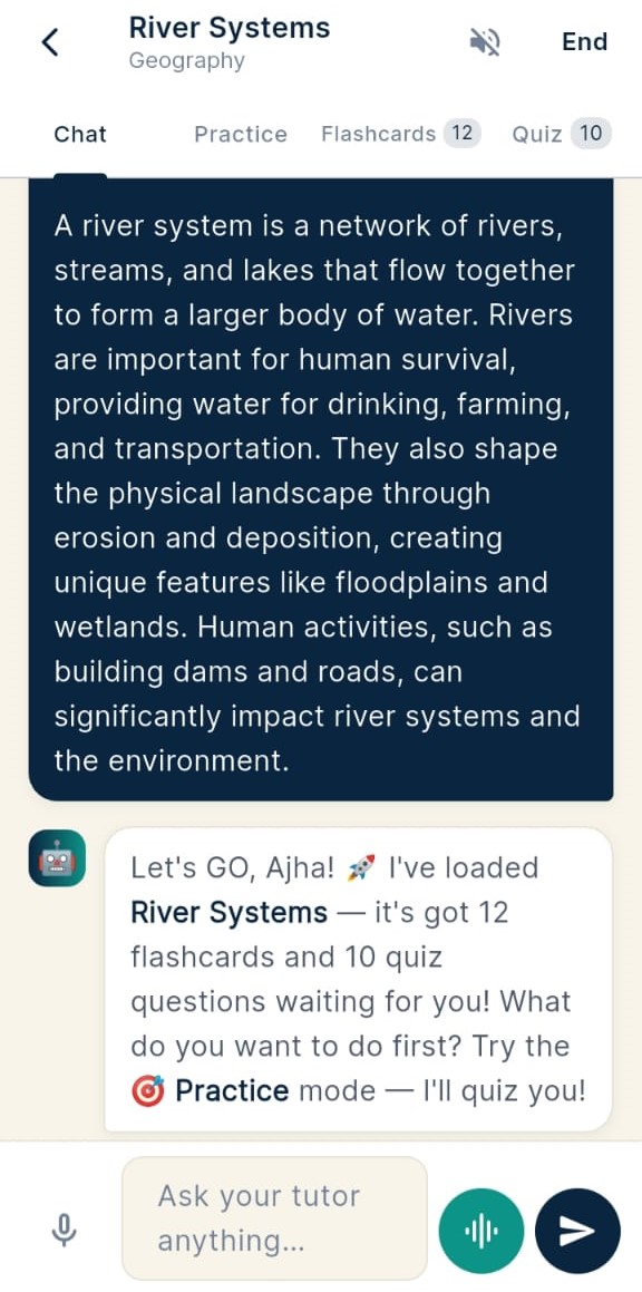 AI tutor chat — conversational tutoring with robot avatar and message bubbles