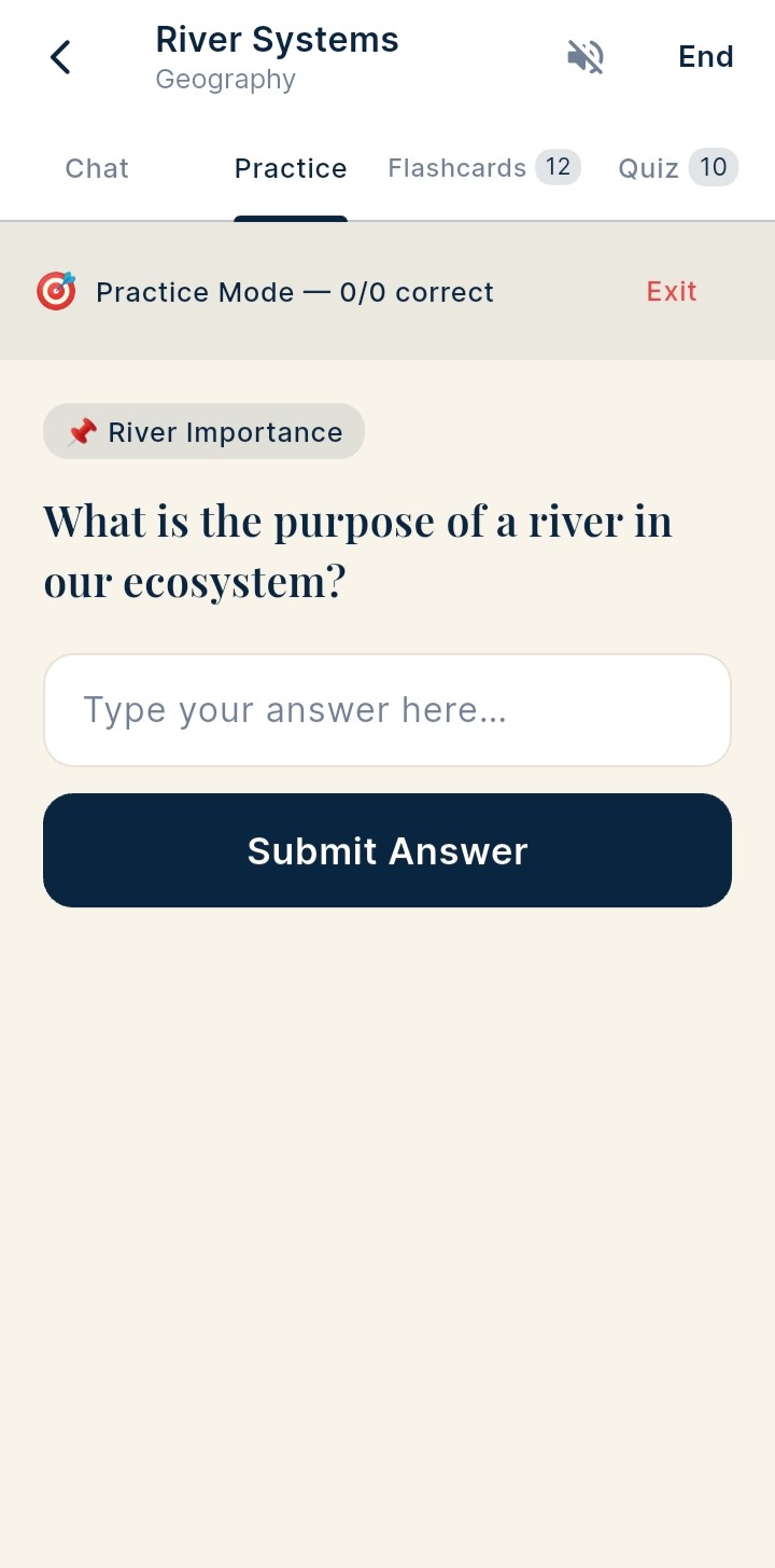 Practice mode — open-ended question with text input field and Submit Answer button