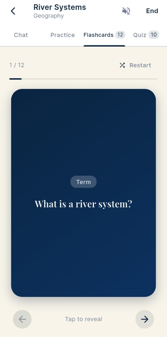 Flashcard term side — dark navy card showing 'What is a river system?' with tap to reveal prompt