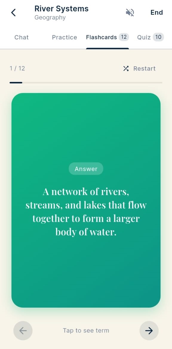 Flashcard — dark navy term side showing 'What is a river system?' with tap-to-reveal