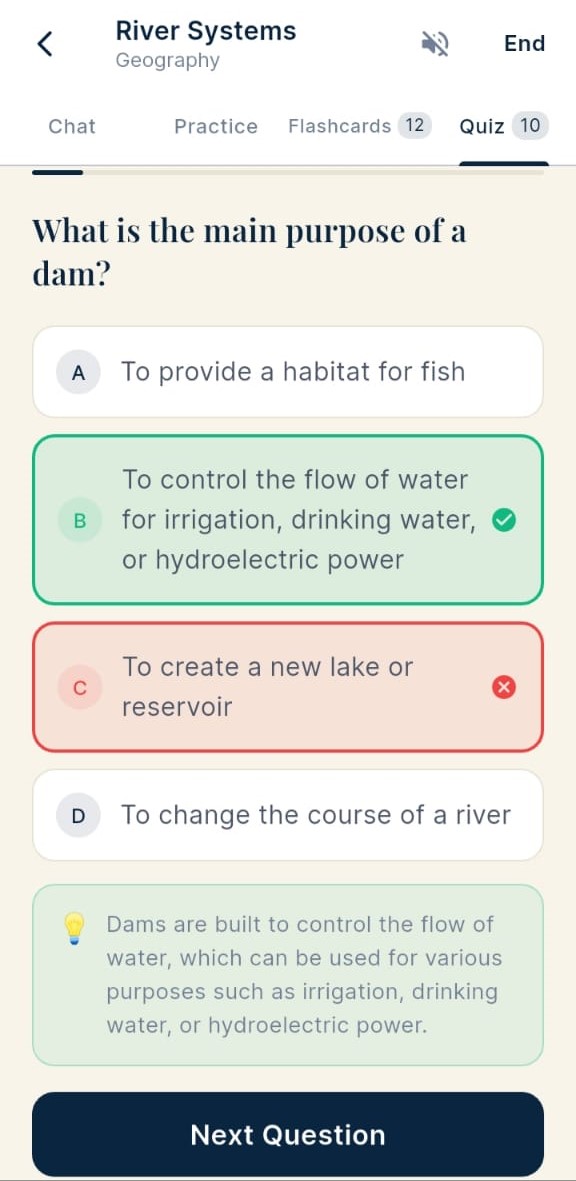 Quiz mode — multiple choice question with instant correct (green checkmark) and wrong (red X) answer feedback