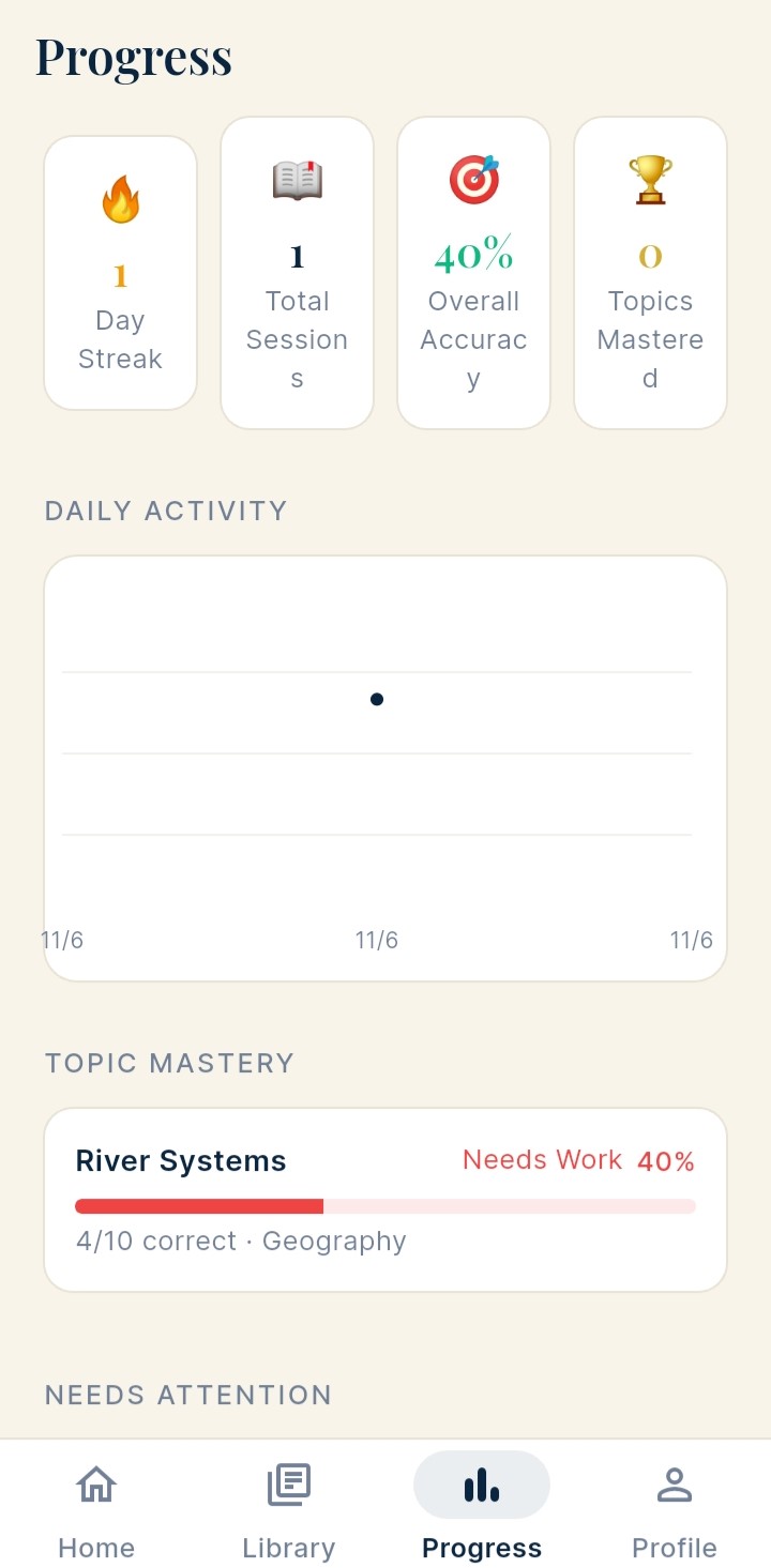 Progress screen — day streak, total sessions, overall accuracy, topics mastered, daily activity chart and topic mastery bars