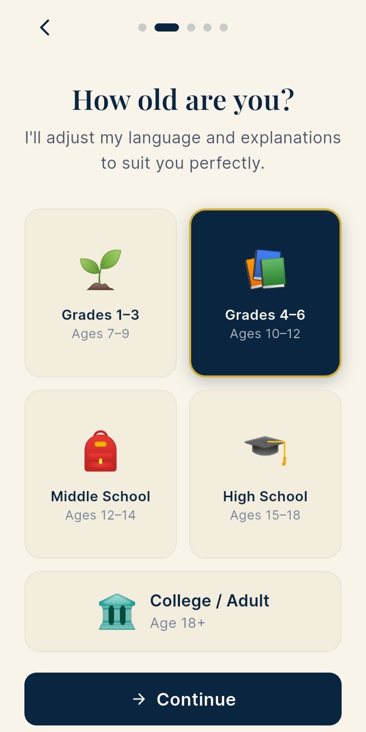 Pick your education level — Grades 1-3, 4-6, Middle School, High School, College