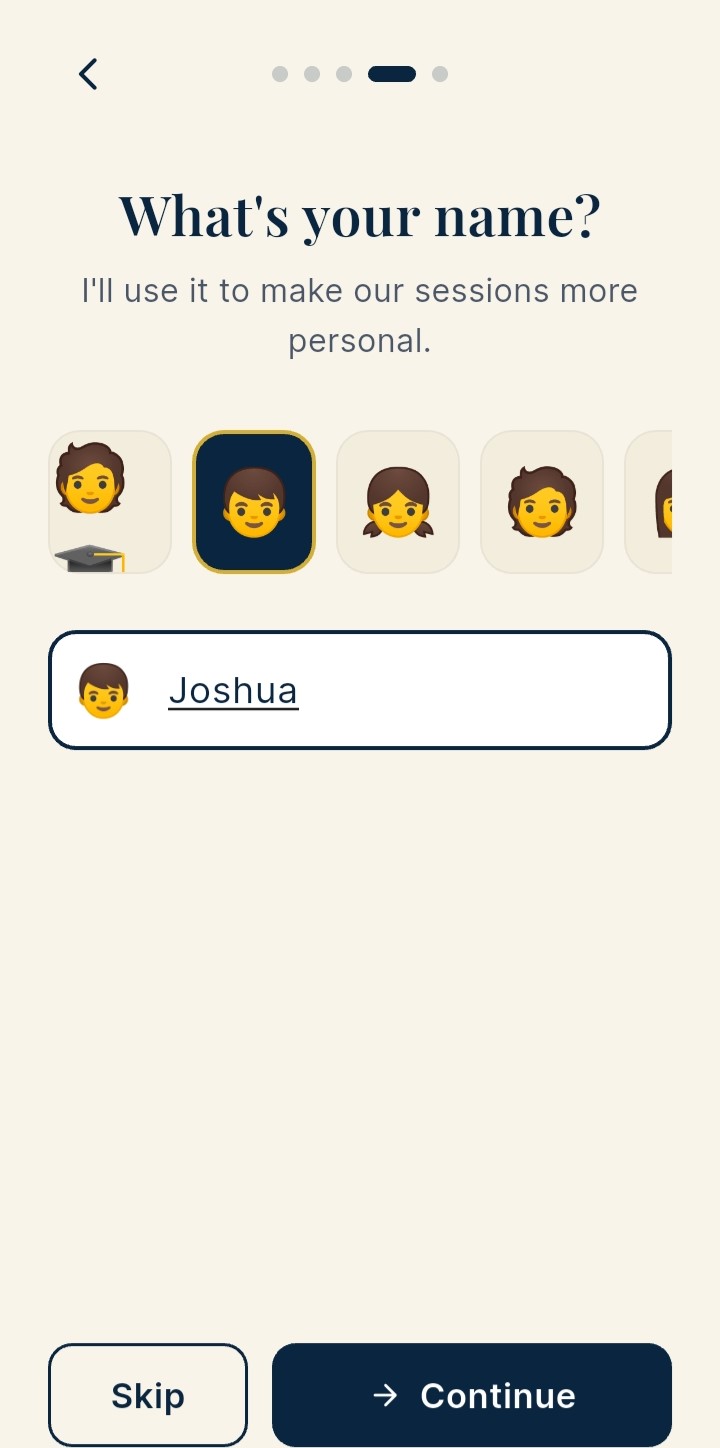 Enter your name and pick an avatar — personalises every session