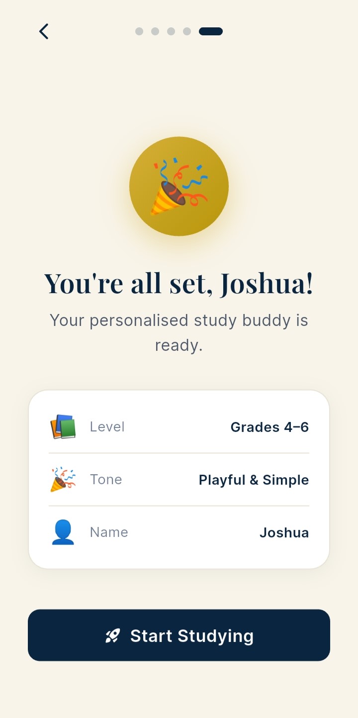You're all set! Summary showing Level, Tone and Name before starting
