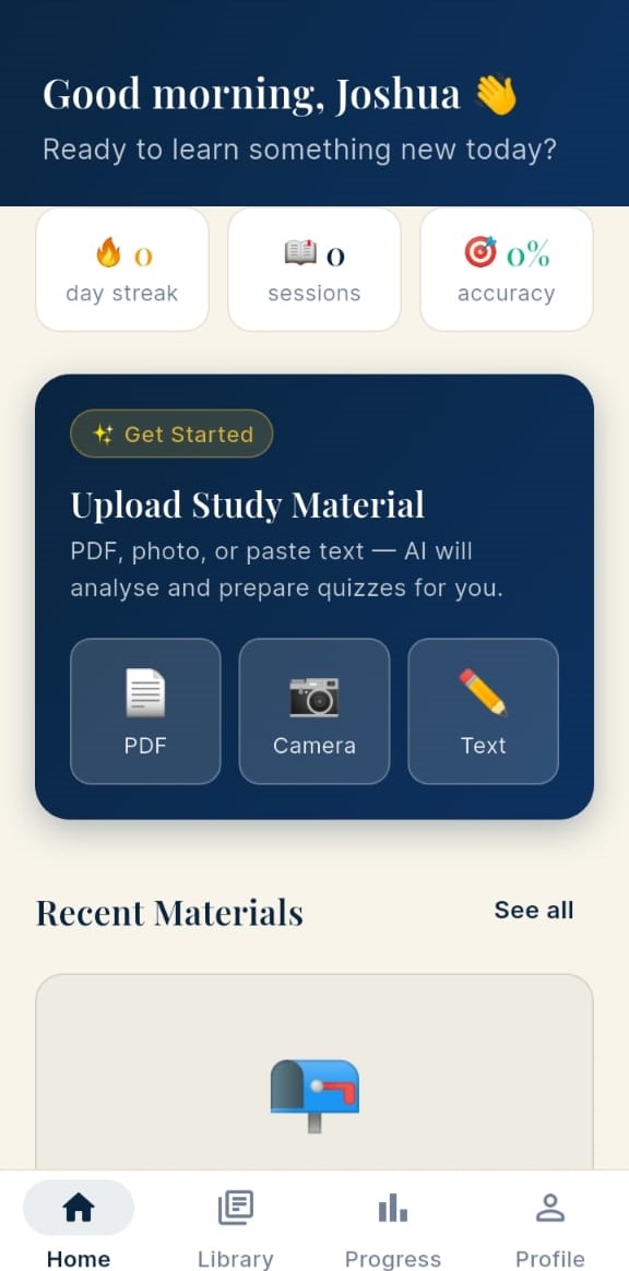 My Study Buddy home screen — good morning greeting with daily stats