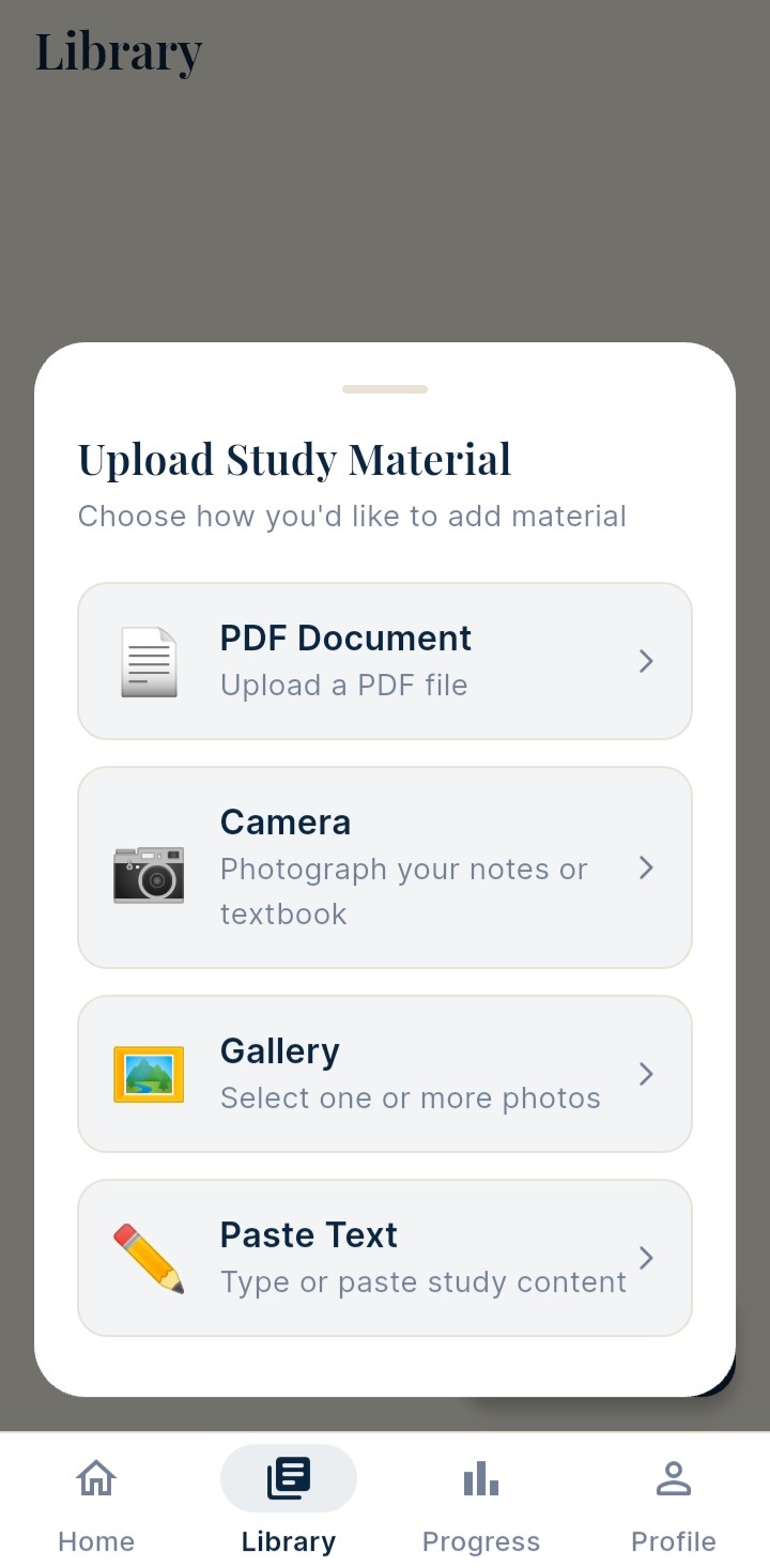 Upload study material — PDF Document, Camera, Gallery and Paste Text options