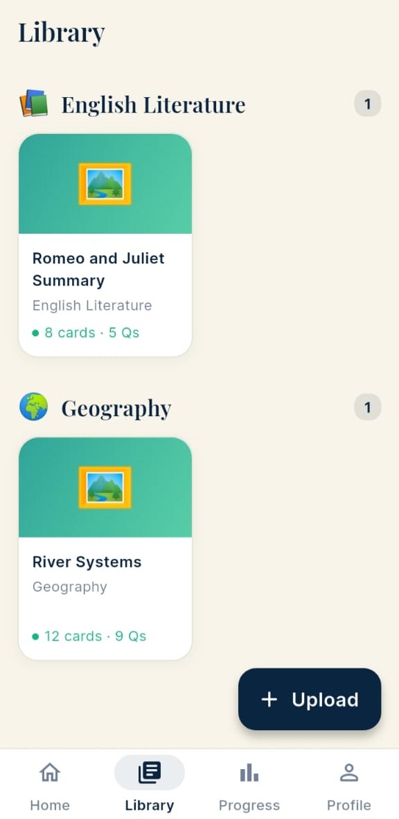 Library — study sets organised by subject, showing English Literature and Geography